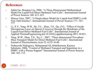 References
1.

2.

3.

4.

5.

18

Jiabin Ge, Hongtan Liu, 2006, “A Three-Dimensional Mathematical
Model for Liquid-Fed Direct Methanol Fuel Cells”, International Journal
of Power Sources 160: 413–421.
Marcos Vera, 2007, “A Single-phase Model for Liquid-feed DMFCs with
Non-Tafel kinetics”, International Journal of Power Sources 171: 763–
777
Li, X.Y., Yang, W.W., He, Y.L., Zhao, T.S., Qu, Z.G., “Effect of Anode
Microporous Layer on Species Crossover through the Membrane of the
Liquid-Feed Direct Methanol Fuel Cells”, International Journal of
Applied ThermalEngineering,doi:10.1016/j.applthermaleng.2011.10.051.
Yang, W.W., Zhao, T.S., Xu, C., 2007, “Three-dimensional Two-phase
Mass Transport Model for Direct Methanol Fuel Cells”, International
Journal of Electrochimica Acta 52: 6125–6140.
Nobuyoshi Nakagawa, Mohammad Ali Abdelkareem, Kazuya
Sekimoto, 2006, “Control of Methanol Transport and Separation in a
DMFC with a Porous Support” International Journal of Power Sources
160: 105–115.

ICAER 2013

 