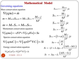 Mathematical Model
Governing equations

Smeoh  

Mass conservation equation


( u )  m

Mmeoh
ja
6F

.

Mh 2 o
Sh 2 o  
jc
6F

.

Mco 2
Sco 2 
jc
6F

Mco 2 j
m  MmeohSmeoh  Mh 2 oSh 2 o 
6F

m  Mo 2 So 2  Mh 2 oSh 2o

Mo 2
SO 2  
jc
4F

Momentum conservation equation

 uu   P    .u   Su

Mo 2
Sh 2 o  1   
jc
2F

Species conservation equation

 uCi     Deff Ci   Si
Energy conservation equation
  CpuT     D T   ST

 u 
Su   

 K 

ST 

 Hc - Gc 
( I  Icr ) a - I

eff

8

ICAER 2013

ST  I a  Icr

4F
 Ha  Ga 

6F

 