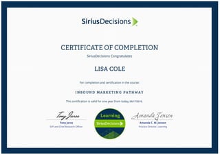09/17/2015.
LISA COLE
I N B O U N D M A R K E T I N G P A T H W A Y
 