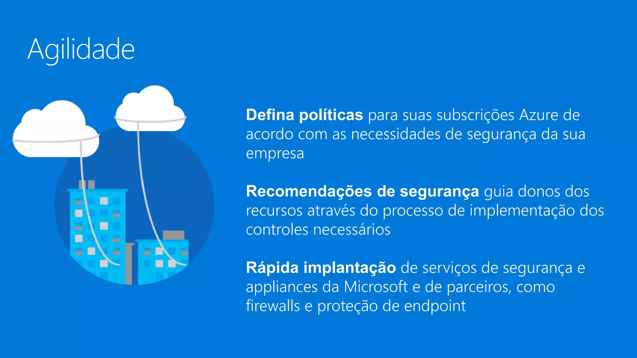 Defina políticas para suas subscrições Azure de
acordo com as necessidades de segurança da sua
empresa
Recomendações de segurança guia donos dos
recursos através do processo de implementação dos
controles necessários
Rápida implantação de serviços de segurança e
appliances da Microsoft e de parceiros, como
firewalls e proteção de endpoint
 