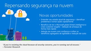 Repensando segurança na nuvem
Novas oportunidades
• Entender seu estado atual de segurança – identificar
problemas e tomar ações rapidamente
• Benefício de ter o Microsoft global threat intelligence e
cross-customer insights – deteção de ameaças de
forma mais rápida
• Adoção da nuvem com confiança e colher os
benefícios agregados de agilidade e redução de custo
“If you’re resisting the cloud because of security concerns, you’re running out of excuses.”
– Forrester Research
 