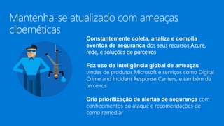 Constantemente coleta, analiza e compila
eventos de segurança dos seus recursos Azure,
rede, e soluções de parceiros
Faz uso de inteligência global de ameaças
vindas de produtos Microsoft e serviços como Digital
Crime and Incident Response Centers, e também de
terceiros
Cria prioritização de alertas de segurança com
conhecimentos do ataque e recomendações de
como remediar
 