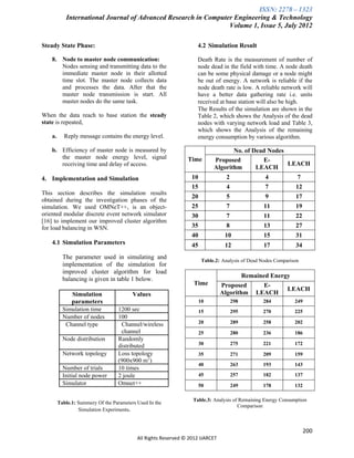 ISSN: 2278 – 1323
            International Journal of Advanced Research in Computer Engineering & Technology
                                                                 Volume 1, Issue 5, July 2012

Steady State Phase:                                                  4.2 Simulation Result

    8. Node to master node communication:                            Death Rate is the measurement of number of
       Nodes sensing and transmitting data to the                    node dead in the field with time. A node death
       immediate master node in their allotted                       can be some physical damage or a node might
       time slot. The master node collects data                      be out of energy. A network is reliable if the
       and processes the data. After that the                        node death rate is low. A reliable network will
       master node transmission is start. All                        have a better data gathering rate i.e. units
       master nodes do the same task.                                received at base station will also be high.
                                                                     The Results of the simulation are shown in the
When the data reach to base station the steady                       Table 2, which shows the Analysis of the dead
state is repeated,                                                   nodes with varying network load and Table 3,
                                                                     which shows the Analysis of the remaining
    a.     Reply message contains the energy level.                  energy consumption by various algorithm.

    b. Efficiency of master node is measured by                                      No. of Dead Nodes
       the master node energy level, signal                      Time         Proposed         E-
       receiving time and delay of access.                                                             LEACH
                                                                              Algorithm      LEACH
4. Implementation and Simulation                                   10              2                4             7
                                                                   15              4                7            12
This section describes the simulation results
                                                                   20              5                9            17
obtained during the investigation phases of the
simulation. We used OMNeT++, is an object-                         25              7               11            19
oriented modular discrete event network simulator                  30              7               11            22
[16] to implement our improved cluster algorithm
for load balancing in WSN.                                         35              8               13            27
                                                                   40              10              15            31
    4.1 Simulation Parameters                                      45              12              17            34
           The parameter used in simulating and
                                                                         Table.2: Analysis of Dead Nodes Comparison
           implementation of the simulation for
           improved cluster algorithm for load
                                                                                             Remained Energy
           balancing is given in table 1 below.
                                                                    Time         Proposed          E-
                                                                                                              LEACH
              Simulation                  Values                                 Algorithm       LEACH
              parameters                                                10             298         284           249
           Simulation time         1200 sec                             15             295         270           225
           Number of nodes         100
            Channel type            Channel/wireless                    20             289         258           202
                                    channel                             25             280         236           186
           Node distribution       Randomly
                                   distributed                          30             275         221           172
           Network topology        Loss topology                        35             271         209           159
                                   (900x900 m2)
                                                                        40             263         193           143
           Number of trials        10 times
           Initial node power      2 joule                              45             257         182           137
           Simulator               Omnet++                              50             249         178           132

                                                                   Table.3: Analysis of Remaining Energy Consumption
         Table.1: Summery Of the Parameters Used In the
                                                                                       Comparison
                  Simulation Experiments.



                                                                                                                       200
                                            All Rights Reserved © 2012 IJARCET
 