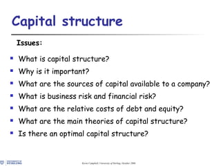 Kevin Campbell, University of Stirling, October 2006
Capital structure
Issues:
 What is capital structure?
 Why is it important?
 What are the sources of capital available to a company?
 What is business risk and financial risk?
 What are the relative costs of debt and equity?
 What are the main theories of capital structure?
 Is there an optimal capital structure?
 