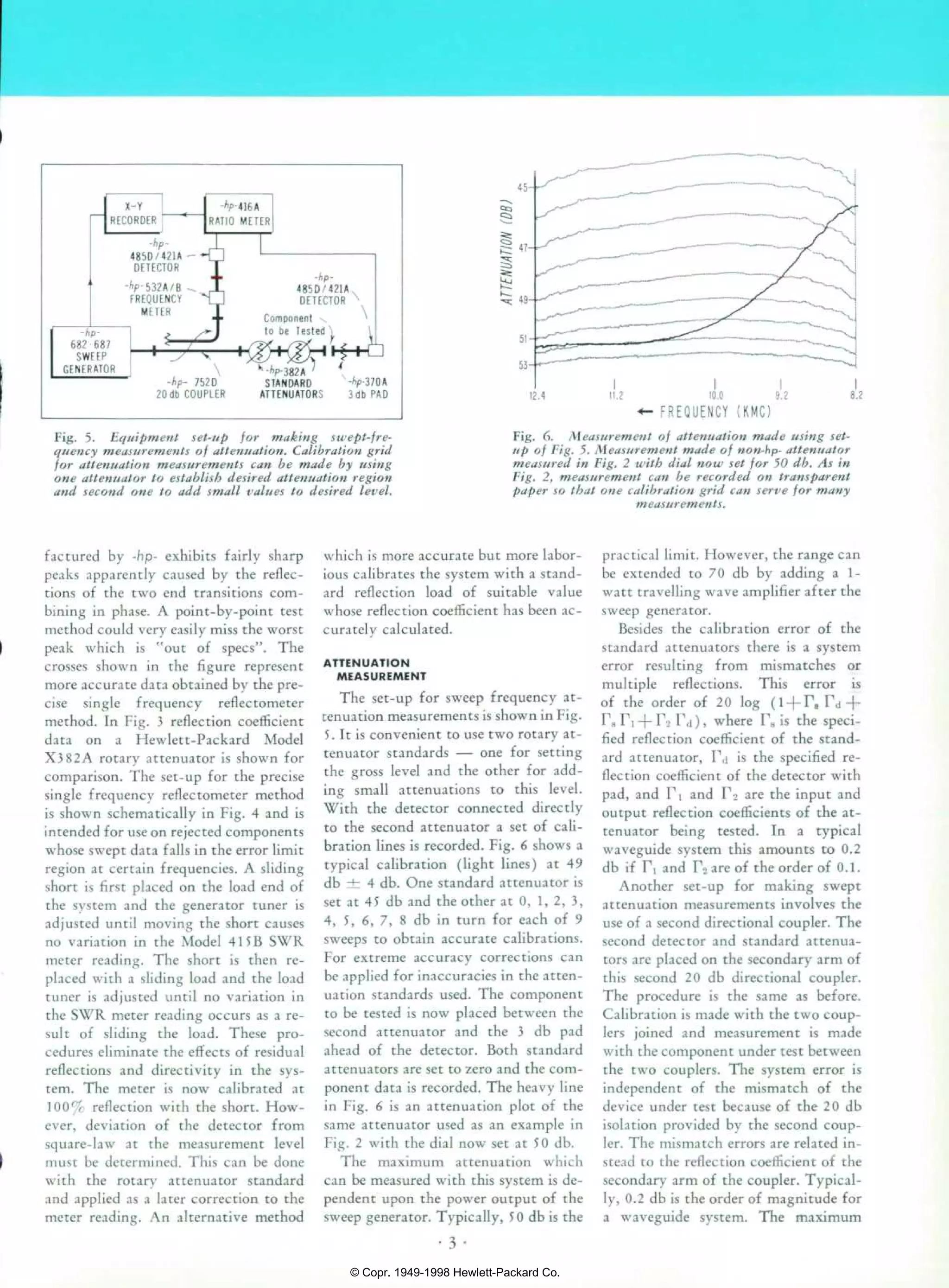 Fig. 5. Equipment set-up for making swept-fre-
quency measurements of attenuation. Calibration grid
for attenuation measurements can be made by using
one attenuator to establish desired attenuation region
and second one to add small values to desired level.
Â«- FREQUENCY (KMC)
Fig. 6. Measurement of attenuation made using set
up of Fig. 5. Measurement made of non-hp- attenuator
measured in Fig. 2 with dial now set for 50 db. As in
Fig. 2, measurement can he recorded on transparent
paper so that one calibration grid can serve for many
measurements.
factured by -hp- exhibits fairly sharp
peaks apparently caused by the reflec
tions of the two end transitions com
bining in phase. A point-by-point test
method could very easily miss the worst
peak which is "out of specs". The
crosses shown in the figure represent
more accurate data obtained by the pre
cise single frequency reflectometer
method. In Fig. 3 reflection coefficient
data on a Hewlett-Packard Model
X382A rotary attenuator is shown for
comparison. The set-up for the precise
single frequency reflectometer method
is shown schematically in Fig. 4 and is
intended for use on rejected components
whose swept data falls in the error limit
region at certain frequencies. A sliding
short is first placed on the load end of
the system and the generator tuner is
adjusted until moving the short causes
no variation in the Model 415B SWR
meter reading. The short is then re
placed with a sliding load and the load
tuner is adjusted until no variation in
the SWR meter reading occurs as a re
sult of sliding the load. These pro
cedures eliminate the effects of residual
reflections and directivity in the sys
tem. The meter is now calibrated at
100% reflection with the short. How
ever, deviation of the detector from
square-law at the measurement level
must be determined. This can be done
with the rotar)' attenuator standard
and applied as a later correction to the
meter reading. An alternative method
which is more accurate but more labor
ious calibrates the system with a stand
ard reflection load of suitable value
whose reflection coefficient has been ac
curately calculated.
ATTENUATION
MEASUREMENT
The set-up for sweep frequency at
tenuation measurements is shown in Fig.
5 . It is convenient to use two rotary at
tenuator standards â€” one for setting
the gross level and the other for add
ing small attenuations to this level.
With the detector connected directly
to the second attenuator a set of cali
bration lines is recorded. Fig. 6 shows a
typical calibration (light lines) at 49
db Â± 4 db. One standard attenuator is
set at 45 db and the other at 0, 1, 2, 3,
4, 5, 6, 7, 8 db in turn for each of 9
sweeps to obtain accurate calibrations.
For extreme accuracy corrections can
be applied for inaccuracies in the atten
uation standards used. The component
to be tested is now placed between the
second attenuator and the 3 db pad
ahead of the detector. Both standard
attenuators are set to zero and the com
ponent data is recorded. The heavy line
in Fig. 6 is an attenuation plot of the
same attenuator used as an example in
Fig. 2 with the dial now set at 50 db.
The maximum attenuation which
can be measured with this system is de
pendent upon the power output of the
sweep generator. Typically, 50 db is the
â
€
¢
3
â
€
¢
practical limit. However, the range can
be extended to 70 db by adding a 1-
watt travelling wave amplifier after the
sweep generator.
Besides the calibration error of the
standard attenuators there is a system
error resulting from mismatches or
multiple reflections. This error is
of the order of 20 log (l + rsFd +
rari + r2rd), where F8is the speci
fied reflection coefficient of the stand
ard attenuator, Fa is the specified re
flection coefficient of the detector with
pad, and PI and F 2 are the input and
output reflection coefficients of the at
tenuator being tested. In a typical
waveguide system this amounts to 0.2
db if FI and F2 are of the order of 0.1.
Another set-up for making swept
attenuation measurements involves the
use of a second directional coupler. The
second detector and standard attenua
tors are placed on the secondary arm of
this second 20 db directional coupler.
The procedure is the same as before.
Calibration is made with the two coup
lers joined and measurement is made
with the component under test between
the two couplers. The system error is
independent of the mismatch of the
device under test because of the 20 db
isolation provided by the second coup
ler. The mismatch errors are related in
stead to the reflection coefficient of the
secondary arm of the coupler. Typical
ly, 0.2 db is the order of magnitude for
a waveguide system. The maximum
© Copr. 1949-1998 Hewlett-Packard Co.
 