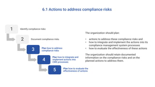 6.1 Actions to address compliance risks
1 Identify compliance risks
2 Document compliance risks
3 Plan how to address
compliance risks
4
Plan how to integrate and
implement actions into
CMS processes
5 Plan how to evaluate the
effectiveness of actions
The organization should plan:
• actions to address these compliance risks and
• how to integrate and implement the actions into its
compliance management system processes
• how to evaluate the effectiveness of these actions
The organization should retain documented
information on the compliance risks and on the
planned actions to address them.
 