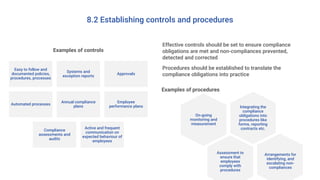 8.2 Establishing controls and procedures
Effective controls should be set to ensure compliance
obligations are met and non-compliances prevented,
detected and corrected
Procedures should be established to translate the
compliance obligations into practice
Examples of controls
Examples of procedures
Easy to follow and
documented policies,
procedures, processes
Systems and
exception reports
Approvals
Automated processes
Annual compliance
plans
Employee
performance plans
Compliance
assessments and
audits
Active and frequent
communication on
expected behaviour of
employees
Integrating the
compliance
obligations into
procedures like
forms, reporting
contracts etc.
Assessment to
ensure that
employees
comply with
procedures
Arrangements for
identifying, and
escalating non-
compliances
On-going
monitoring and
measurement
 