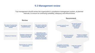 9.3 Management review
Top management should review the organization’s compliance management system, at planned
intervals, to ensure its continuing suitability, adequacy and effectiveness
Review
The status of actions from
previous management
reviews
The adequacy of the
compliance policy
The extent to which the
compliance objectives
have been met
Adequacy of resources
Changes in external and
internal issues that are
relevant to the CMS
Information on the
compliance performance,
including trends in
nonconformities,
corrective actions and
timelines for resolution
Opportunities for continual
improvement
Recommend
The need for changes
to the compliance
policy, objectives,
structure and
personnel
Areas to be monitored
for potential future
noncompliance
Longer term continual
improvement
initiatives
Changes to compliance
processes for better
integration with operations
Corrective actions for non-
compliances
Recognition of exemplary
compliance behaviour within
the organization
 