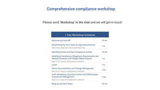 Comprehensive compliance workshop
Please send ‘Workshop’ in the chat and we will get in touch
 