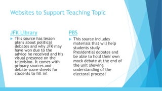 Websites to Support Teaching Topic
JFK Library
 This source has lesson
plans about political
debates and why JFK may
have won due to the
advice he received and his
visual presence on the
television. It comes with
primary sources and
debate score sheets for
students to fill in!
PBS
 This source includes
materials that will help
students study
Presidential debates and
be able to hold their own
mock debate at the end of
the unit showing
understanding of the
electoral process!
 