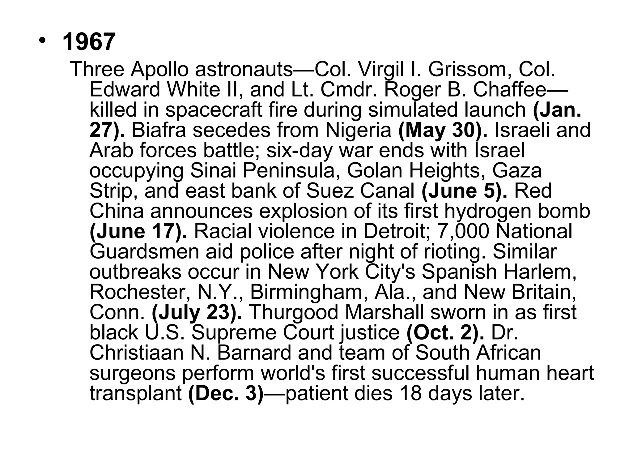 • 1967
Three Apollo astronauts—Col. Virgil I. Grissom, Col.
Edward White II, and Lt. Cmdr. Roger B. Chaffee—
killed in spacecraft fire during simulated launch (Jan.
27). Biafra secedes from Nigeria (May 30). Israeli and
Arab forces battle; six-day war ends with Israel
occupying Sinai Peninsula, Golan Heights, Gaza
Strip, and east bank of Suez Canal (June 5). Red
China announces explosion of its first hydrogen bomb
(June 17). Racial violence in Detroit; 7,000 National
Guardsmen aid police after night of rioting. Similar
outbreaks occur in New York City's Spanish Harlem,
Rochester, N.Y., Birmingham, Ala., and New Britain,
Conn. (July 23). Thurgood Marshall sworn in as first
black U.S. Supreme Court justice (Oct. 2). Dr.
Christiaan N. Barnard and team of South African
surgeons perform world's first successful human heart
transplant (Dec. 3)—patient dies 18 days later.

 