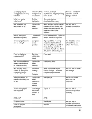 Ah. At pagkatapos,
anong pinasukan mong
trabaho?
Validating data
from previous
conversation.
Seaman, sa dagat.
Nagtatabako. Nag-iimprinta ng
damit. Guard.
He had a false belief
about his work of
being a seaman.
Lahat yan naging
trabaho mo?
Seeking
clarification
Oo, madami akong
pinagkaabalahan noon.
Ano ginagawa mo
noong bata ka pa?
Using open-
ended
question
Nung bata ako, mahilig akong
maglaro ng kard. Pusoy dos.
Baraha. At nagjojolen din ako
kasama ng aking mga
kaibigan.
He was able to
answer the question.
Naging masaya ba
childhood days mo?
Close-ended
question
Oo. Kasama ko mga kapatid ko
at mga pinsan na naglalaro.
Sino ang mga kasama
niyo sa bahay?
Using open-
ended
question
Mga kapatid ko. 7 kaming
magkakapatid lahat. Nasa
Guam ang 4 kong kapatid. Si
Ilinoy, Dalisay, Angelito at
Anastacio. Yung 3, sina Danilo,
at A, Joven. Dito sa Maynila.
He stated the names
of his siblings and
where they reside.
Pang ilan ka ba sa
magkakapatid?
Clarifying
relationship
status
Pang-apat.
Ano yung masasayang
araw or memories mo
na kasama mo sila?
Using open-
ended
question
Kapag may patay.
Ha? Ang ibig mong
sabihin ay masaya ka
kapag may patay?
Perception
seeking/
Restating
Hindi! Syempre kumpleto
kaming pamilya. Lahat kami
kumpleto pag bumibisita.
He was able to clarify
his feelings.
Anong nagagawa ng
pakiramdam mong yan
sa iyo?
Using open-
ended
question to
explore
feelings
Masaya nga. He did not further
elaborate his
response.
Joven, ano nga pala
date ngayon?
Evaluating if
the client is
oriented to
date.
August 18. He was able to
answer the question
correctly.
2000 ano? 2010.
He was able to
answer the question
correctly showing that
Eh anong araw? Miyerkules.
Saan ka nga pala
pinanganak?
Mindoro.
24
 