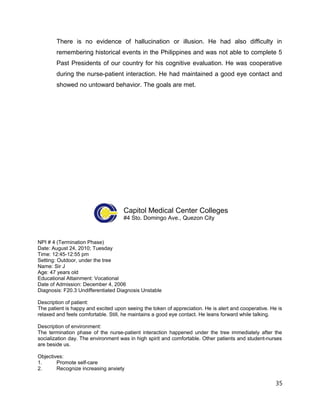 There is no evidence of hallucination or illusion. He had also difficulty in
remembering historical events in the Philippines and was not able to complete 5
Past Presidents of our country for his cognitive evaluation. He was cooperative
during the nurse-patient interaction. He had maintained a good eye contact and
showed no untoward behavior. The goals are met.
Capitol Medical Center Colleges
#4 Sto. Domingo Ave., Quezon City
NPI # 4 (Termination Phase)
Date: August 24, 2010; Tuesday
Time: 12:45-12:55 pm
Setting: Outdoor, under the tree
Name: Sir J
Age: 47 years old
Educational Attainment: Vocational
Date of Admission: December 4, 2006
Diagnosis: F20.3 Undifferentiated Diagnosis Unstable
Description of patient:
The patient is happy and excited upon seeing the token of appreciation. He is alert and cooperative. He is
relaxed and feels comfortable. Still, he maintains a good eye contact. He leans forward while talking.
Description of environment:
The termination phase of the nurse-patient interaction happened under the tree immediately after the
socialization day. The environment was in high spirit and comfortable. Other patients and student-nurses
are beside us.
Objectives:
1. Promote self-care
2. Recognize increasing anxiety
35
 