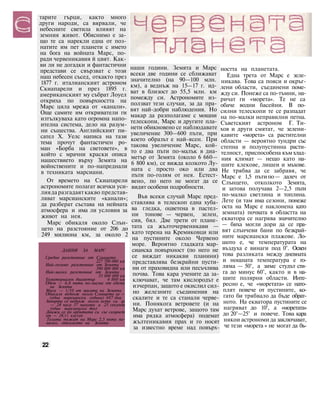 тарите гърци, както много
други народи, са вярвали, че
небесните светила влияят на
земния живот. Обяснимо е за-
що те са нарекли една от поз-
натите им пет планети с името
на бога на войната Марс, по-
ради червеникавия й цвят. Как-
ви ли не догадки и фантастични
представи се свързват с този
наш небесен съсед, откакто през
1877 г. италианският астроном
Скиапарели и през 1895 г.
американският му събрат Лоуел
откриха по повърхността на
Марс цяла мрежа от «канали».
Още самите им откриватели ги
изтълкуваха като огромна напо-
ителна система, дело на разум-
ни същества. Английският пи-
сател X. Уелс написа на тази
тема прочут фантастичен ро-
ман «Борба на световете», в
който с мрачни краски описа
нашествието върху Земята на
войнствените и по-напреднали
в техниката марсиани.
От времето на Скиапарели
астрономите полагат всички уси-
лияда разгадаяткакво представ-
ляват марсианските «канали»;
да разберат състава на нейната
атмосфера и има ли условия за
живот на нея.
Марс обикаля около Слън-
цето на разстояние от 206 до
249 милиона км, за около 2
наши години. Земята и Марс
всеки две години се сближават
значително (на 90—100 млн.
км), а веднъж на 15—17 г. ид-
ват в близост до 55,5 млн. км
помежду си. Астрономите из-
ползват тези случаи, за да пра-
вят най-добри наблюдения. Но
макар да разполагаме с мощни
телескопи, Марс и другите пла-
нети обикновено се наблюдавате
увеличение 300—600 пъти, при
което образът е най-ясен. При
такова увеличение Марс, кой-
то е два пъти по-малък в диа-
метър от Земята (около 6 660—
6 800 км), се вижда колкото Лу-
ната с просто око или два
пъти по-голям от нея. Естест-
вено, по него не могат да се
видят особени подробности.
Във всеки случай Марс пред-
ставлява в телескоп една хуба-
ва гледка, оцветена в пастел-
ни тонове — червен, зелен,
сив, бял. Две трети от плане-
тата са жълточервеникави —
като терена на Кремиковци или
на пустините около Червено
море. Вероятно гладката мар-
сианска повърхност (по него не
се виждат никакви планини)
представлява безкрайни пусти-
ни от праховидна или песъчлива
почва. Това кара учените да за-
ключават, че там кислородът е
изчерпан, защото е окислил сил-
но железните съединения на
скалите и те са станали черве-
ни. Понякога ветровете (и на
Марс духат ветрове, защото там
има рядка атмосфера) подемат
жълтеникавия прах и го носят
за известно време над повърх-
ността на планетата.
Една трета от Марс е зеле-
никава. Това са пояси и окръг-
лени области, съединени поме-
жду си. Понеже са по-тъмни, на-
ричат ги «морета». Те не са
обаче водни басейни. В по-
силни телескопи те се разпадат
на по-малки неправилни петна.
Съветският астроном Г. Ти-
хов и други смятат, че зелени-
кавите «морета» са растителни
области — вероятно тундри със
степна и полупустинна расти-
телност, приспособена към хлад-
ния климат — нещо като на-
шите клекове, лишеи и мъхове.
Не трябва да се забравя, че
Марс е 1,5 пътипо— далеч от
Слънцето, отколкото Земята,
и затова получава 2—2,5 пъти
по-малко светлина и топлина.
Лете (и там има сезони, понеже
оста на Марс е наклонена като
земната) почвата в областта на
екватора се нагрява значително
— биха могли дори да се пра-
вят слънчеви бани по безкрай-
ните марсиански плажове. Ло-
шото е, че температурата на
въздуха е винаги под 0°. Освен
това разликата между дневната
и нощната температура е го-
ляма — 50°, а зиме студът сти-
га до минус 60°, както и в на-
шите полярни области. Инте-
ресно е, че «моретата» се нато-
плят повече от пустините, ко-
гато би трябвало да бъде обрат-
ното. На екватора пустините се
нагряват до 10°, а «моретата»
до 20°—25° и повече. Това кара
някои астрономи да заключават,
че тези «морета » не могат да бъ-
22
ДАННИ ЗА МАРС
Средно разстояние от Слънцето
227 700 000 км
Най-голямо разстояние от Земята
390 000 000 км
Най-малко разстояние от Земята
55 000 000 км
Екваториален диаметър 6 860 км
Обем — 6,6 пъти по-малък от обема
на Земята
Маса — 1/10 от масата на Земята
Обикаля веднъж около Слънцето за —
(една марсиански година) 687 дни
Завърта се веднъж около оста си за
— 24 часа 37 минути и 23 секунди
(един марсиански ден)
Движи се по орбитата си със скорост
от — 24,11 км/сек
Телата тежат на Марс 2,5 пъти по-
малко, отколкото на Земята
 