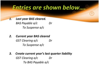 Entries are shown below….
1.    Last year BAS cleared.
      BAS Payable a/c        Dr
           To Suspense a/c

2.    Current year BAS cleared
      GST Clearing a/c       Dr
           To Suspense a/c

3.    Create current year’s last quarter liability
      GST Clearing a/c         Dr
           To BAS Payable a/c
 