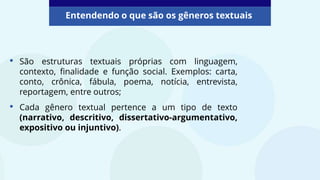 Entendendo o que são os gêneros textuais
• São estruturas textuais próprias com linguagem,
contexto, finalidade e função social. Exemplos: carta,
conto, crônica, fábula, poema, notícia, entrevista,
reportagem, entre outros;
• Cada gênero textual pertence a um tipo de texto
(narrativo, descritivo, dissertativo-argumentativo,
expositivo ou injuntivo).
 