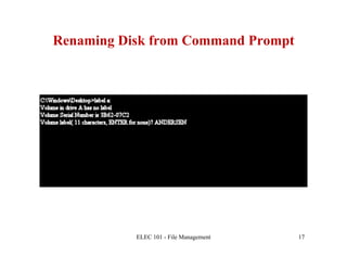 Renaming Disk from Command Prompt




           ELEC 101 - File Management   17
 