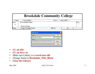 •    CL on File
•    CL on Save As
•    Make sure Library is e:workuser.olb
•    Change Name to Brookdale_Title_Block
•    Close the Library
May 2003                       ELEC 101 Lab 4   9
 