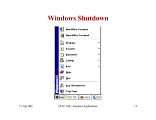 Windows Shutdown




21 July 2003     ELEC 101 - Windows Applications   13
 