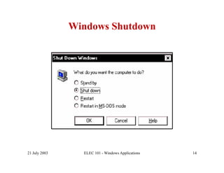 Windows Shutdown




21 July 2003     ELEC 101 - Windows Applications   14
 