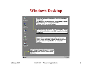 Windows Desktop




21 July 2003     ELEC 101 - Windows Applications   2
 