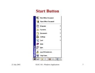 Start Button




21 July 2003   ELEC 101 - Windows Applications   7
 