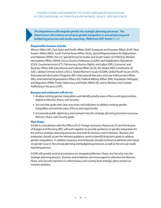 UNITED STATES DEPARTMENT OF STATE IMPLEMENTATION PLAN 
OF THE NATIONAL ACTION PLAN ON WOMEN, PEACE, AND SECURITY 
★ 9 ★ 
The Department will integrate gender into strategic planning processes. The 
Department will continue to enhance gender integration in annual planning and 
budgeting processes and results reporting. (Reference NAP Action 1.1.1) 
Responsible bureaus include: 
African Affairs (AF), East Asian and Pacific Affairs (EAP), European and Eurasian Affairs (EUR), Near 
Eastern Affairs (NEA), South Central Asian Affairs (SCA), Special Representative for Afghanistan 
and Pakistan (SRAP), the U.S. Special Envoy for Sudan and South Sudan (S/USSESSS), Western 
Hemisphere Affairs (WHA), Focus Country Embassies, Conflict and Stabilization Operations 
(CSO), Counterterrorism (CT), Democracy, Human Rights, and Labor (DRL), Economic and 
Business Affairs (EB), Educational and Cultural Affairs (ECA), the Global AIDS Coordinator (S/ 
GAC), Global Criminal Justice (J/GCJ), Global Women’s Issues (S/GWI), Global Youth Issues (J/GYI), 
International Information Programs (IIP), International Narcotics and Law Enforcement Affairs 
(INL), International Organizations Affairs (IO), Political Military Affairs (PM), Population, Refugees, 
and Migration (PRM), Public Diplomacy and Public Affairs (R), and to Monitor and Combat 
Trafficking in Persons (J/TIP). 
Bureaus and embassies will aim to: 
• Analyze existing gender inequalities and identify priority areas of focus and opportunities 
related to Women, Peace, and Security. 
• Set concrete goals with clear outcomes and indicators to address existing gender 
inequalities and priority areas of focus and opportunity. 
• Incorporate public diplomacy and outreach into the strategic planning processes to pursue 
Women, Peace, and Security goals. 
Next Steps: 
S/GWI, in consultation with the Office of U.S. Foreign Assistance Resources (F) and the Bureau 
of Budget and Planning (BP), will work together to provide guidance on gender integration for 
the various strategic planning processes and tools for bureaus and embassies. Bureaus and 
embassies should, as per the relevant guidance, work to identify long-term goals to address 
gender inequalities. In addition, bureaus and embassies should continue to attribute and report 
on gender issue in the annual planning and budgeting processes as well as the annual results 
reporting process. 
S/GWI will provide technical assistance on integrating Women, Peace, and Security into the 
strategic planning process. Bureaus and embassies are encouraged to reference the Women, 
Peace, and Security elements in other bureau and country level strategic plans posted on 
intranet websites. 
 