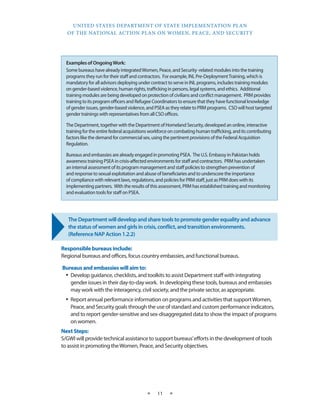 UNITED STATES DEPARTMENT OF STATE IMPLEMENTATION PLAN 
OF THE NATIONAL ACTION PLAN ON WOMEN, PEACE, AND SECURITY 
★ 11 ★ 
The Department will develop and share tools to promote gender equality and advance 
the status of women and girls in crisis, conflict, and transition environments. 
(Reference NAP Action 1.2.2) 
Responsible bureaus include: 
Regional bureaus and offices, focus country embassies, and functional bureaus. 
Bureaus and embassies will aim to: 
• Develop guidance, checklists, and toolkits to assist Department staff with integrating 
gender issues in their day-to-day work. In developing these tools, bureaus and embassies 
may work with the interagency, civil society, and the private sector, as appropriate. 
• Report annual performance information on programs and activities that support Women, 
Peace, and Security goals through the use of standard and custom performance indicators, 
and to report gender-sensitive and sex-disaggregated data to show the impact of programs 
on women. 
Next Steps: 
S/GWI will provide technical assistance to support bureaus’ efforts in the development of tools 
to assist in promoting the Women, Peace, and Security objectives. 
Examples of Ongoing Work: 
Some bureaus have already integrated Women, Peace, and Security -related modules into the training 
programs they run for their staff and contractors. For example, INL Pre-Deployment Training, which is 
mandatory for all advisors deploying under contract to serve in INL programs, includes training modules 
on gender-based violence, human rights, trafficking in persons, legal systems, and ethics. Additional 
training modules are being developed on protection of civilians and conflict management. PRM provides 
training to its program officers and Refugee Coordinators to ensure that they have functional knowledge 
of gender issues, gender-based violence, and PSEA as they relate to PRM programs. CSO will host targeted 
gender trainings with representatives from all CSO offices. 
The Department, together with the Department of Homeland Security, developed an online, interactive 
training for the entire federal acquisitions workforce on combating human trafficking, and its contributing 
factors like the demand for commercial sex, using the pertinent provisions of the Federal Acquisition 
Regulation. 
Bureaus and embassies are already engaged in promoting PSEA. The U.S. Embassy in Pakistan holds 
awareness training PSEA in crisis-affected environments for staff and contractors. PRM has undertaken 
an internal assessment of its program management and staff policies to strengthen prevention of 
and response to sexual exploitation and abuse of beneficiaries and to underscore the importance 
of compliance with relevant laws, regulations, and policies for PRM staff, just as PRM does with its 
implementing partners. With the results of this assessment, PRM has established training and monitoring 
and evaluation tools for staff on PSEA. 
 