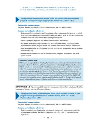 UNITED STATES DEPARTMENT OF STATE IMPLEMENTATION PLAN 
OF THE NATIONAL ACTION PLAN ON WOMEN, PEACE, AND SECURITY 
★ 14 ★ 
The Department will incorporate Women, Peace, and Security objectives in program 
proposals and program design as appropriate. (Reference NAP Action 1.3.3) 
Responsible bureaus include: 
Regional bureaus and offices, focus country embassies, and functional bureaus. 
Bureaus and embassies will aim to: 
• Evaluate needs, opportunities, and disparities to inform priorities and goals to be included 
in requests for proposals and statements of objectives and/or work. In this process, bureaus 
and embassies may consult with Department gender experts. 
• Develop program objectives that address Women, Peace, and Security. 
• Encourage applicants, through requests for proposals/applications, to address gender 
considerations in their program design and to better track gender-relevant information. 
• Give preference, in the proposal review process, to applicants who address gender issues in 
a meaningful way. 
• Include gender-specific data and recommendations in reports, assessments, and after-action 
reviews. 
NAP OUTCOME 1.4. Agencies establish processes to evaluate and learn from activities undertaken 
in support of Women, Peace, and Security initiatives. 
The Department will set targets and report results for performance indicators to track 
progress towards goals and objectives related to Women, Peace, and Security. 
(Reference NAP Action 1.4.1) 
Responsible bureaus include: 
Regional bureaus and offices, focus country embassies, and functional bureaus. 
Bureaus and embassies will aim to: 
• Develop monitoring and evaluation components concurrently with program design to 
advance Women, Peace, and Security objectives in conflict, crisis, or transition-related 
operations. 
Examples of Ongoing Work: 
DRL requires, as weighted criteria, that all applicants applying for funds include information on how their 
programs will address the human rights concerns of at risk and vulnerable populations, including women. 
DRL will evaluate how proposals identify and address considerations to support and empower women 
within their program objectives and has requested that applicants provide specific means, measures and 
corresponding targets, as appropriate. Under the Africa-Women, Peace, and Security Initiative, which 
focuses on increasing women’s participation and protection in conflict prevention and resolution, AF and 
S/GWI review proposals with Women, Peace, and Security related criteria. Similarly, WHA and S/GWI will 
work together to ensure that security-related proposals, including through the Central America Regional 
Security Initiative, take into account the distinct needs of women in citizen security efforts. 
 