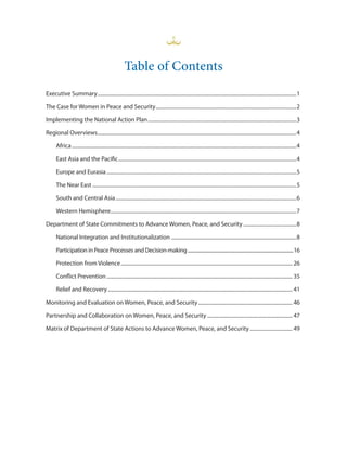 Table of Contents 
Executive Summary...........................................................................................................................................................1 
The Case for Women in Peace and Security..............................................................................................................2 
Implementing the National Action Plan....................................................................................................................3 
Regional Overviews...........................................................................................................................................................4 
Africa...............................................................................................................................................................................4 
East Asia and the Pacific...........................................................................................................................................4 
Europe and Eurasia....................................................................................................................................................5 
The Near East...............................................................................................................................................................5 
South and Central Asia.............................................................................................................................................6 
Western Hemisphere.................................................................................................................................................7 
Department of State Commitments to Advance Women, Peace, and Security..........................................8 
National Integration and Institutionalization..................................................................................................8 
Participation in Peace Processes and Decision-making..............................................................................................16 
Protection from Violence...................................................................................................................................... 26 
Conflict Prevention................................................................................................................................................. 35 
Relief and Recovery................................................................................................................................................ 41 
Monitoring and Evaluation on Women, Peace, and Security.......................................................................... 46 
Partnership and Collaboration on Women, Peace, and Security................................................................... 47 
Matrix of Department of State Actions to Advance Women, Peace, and Security.................................. 49 
 