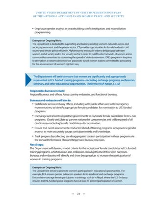 UNITED STATES DEPARTMENT OF STATE IMPLEMENTATION PLAN 
OF THE NATIONAL ACTION PLAN ON WOMEN, PEACE, AND SECURITY 
★ 23 ★ 
• Emphasize gender analysis in peacebuilding, conflict mitigation, and reconciliation 
programming. 
The Department will seek to ensure that women are significantly and appropriately 
represented in U.S. funded training programs—including exchange programs, conferences, 
seminars, and other educational opportunities. (Reference NAP Action 2.1.10) 
Responsible bureaus include: 
Regional bureaus and offices, focus country embassies, and functional bureaus. 
Bureaus and embassies will aim to: 
• Collaborate across embassy offices, including with public affairs and with interagency 
representatives, to identify appropriate female candidates for nomination to U.S. funded 
programs. 
• Encourage and incentivize partner governments to nominate female candidates for U.S.-run 
programs. Clearly articulate to partner nations the competencies and skills required of all 
candidates—including female candidates—for nomination. 
• Ensure that needs assessments conducted ahead of training programs incorporate a gender 
analysis to more accurately gauge participant needs and knowledge. 
• Track progress by collecting sex-disaggregated data on participation in these programs via 
the annual Performance Plan and Report and bureau processes. 
Next Steps: 
The Department will develop model criteria for the inclusion of female candidates in U.S.-funded 
training programs, which bureaus and embassies can adapt to meet their own purposes. 
Bureaus and embassies will identify and share best practices to increase the participation of 
women in training programs. 
Examples of Ongoing Work: 
The Department is dedicated to supporting and building existing women’s networks, across civil 
society, government, and the private sector. CT provides opportunities for female leaders in civil 
society and female police officers in Afghanistan to interact in order to bridge gaps between 
women in civil society and in the security sector in order to build trusted networks of women across 
communities committed to countering the spread of violent extremism. DRL’s program in Iraq aims 
to strengthen a nationwide network of grassroots-based women leaders committed to advocating 
for the advancement of women’s rights in Iraq. 
Examples of Ongoing Work: 
The Department strives to promote women’s participation in educational opportunities. For 
example, ECA ensures gender balance in speakers for its academic and exchange programs. 
Embassies encourage female participants in trainings, such as in Nepal, where the U.S. Embassy 
ensures that INL-funded police programs have at least 15 percent participation of women. 
 