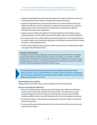 UNITED STATES DEPARTMENT OF STATE IMPLEMENTATION PLAN 
OF THE NATIONAL ACTION PLAN ON WOMEN, PEACE, AND SECURITY 
★ 25 ★ 
• Support through diplomacy and technical assistance the creation of effective measures to 
criminalize gender-based violence and adopt effective procedural laws. 
• Support through diplomacy and technical assistance the creation of effective laws and 
policies that advance women’s participation in parliaments, the judicial sector, and other 
political, peace, and/or security decision-making bodies, including those calling for 
affirmative measures, where appropriate. 
• Support capacity-building of legislators to introduce legal reforms that address gaps in 
existing legislation, and raise public awareness and public support for required legislation. 
• Encourage countries to consider ratifying international agreements that include protections 
for women’s rights, and to implement appropriate non-binding instruments like the Guiding 
Principles on Internal Displacement. 
• Conduct public diplomacy and outreach to help ensure that women understand the rights 
and opportunities afforded to them. 
The Department will assist partner governments in building the capacity of their 
Defense, Interior, Justice, Gender Ministries, and other relevant ministries to implement 
and enforce laws and policies that promote gender equality and protect women’s rights. 
(Reference NAP Action 2.2.2-2.2.3) 
Responsible bureaus include: 
Regional bureaus and offices, focus country embassies, and functional bureaus. 
Bureaus and embassies will aim to: 
• Discuss the implementation of relevant laws with interlocutors in Ministries of Defense, 
Interior, Justice, and Gender, and other relevant ministries. This will be done as a part 
of regular engagement and at introductory meetings with new government officials. 
Embassies’ political sections may draft standard points that can be updated as necessary. 
• Incorporate modules on the promotion and protection of women’s rights in trainings for 
government partners. 
• Encourage and provide technical assistance for multi-sectoral task forces to promote and 
protect women’s rights. 
Examples of Ongoing Work: 
The Department will continue its diplomatic and programmatic support, at all levels, to strengthen 
the promotion of gender equality through laws, policies, and practices. For example, CT and DRL, 
together with U.S. embassies, encourage partner governments to mitigate the use of women’s rights 
as bargaining chips to achieve counterterrorism goals and of “counterterrorism measures” as vehicles 
to restrict civil society organizations working on women’s issues. 
 