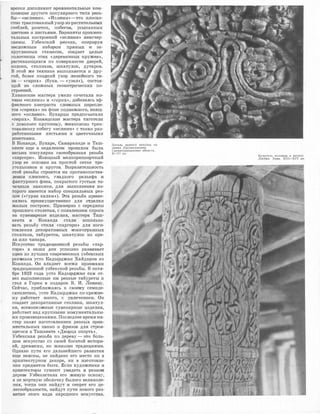 врезки дополняют ,0рнамен"11ал:ь,ные ком­
позиции другогю популярнюго ''11ИПа �ре.зъ­
бы- <<и,сли�м1и,>. <<ИСЛИIМИ>>-'ЭТО ПJГО'СКО­
СТIНЮ трruктоВ8JНJНЫЙ узор ;из1ра'стительных
сте'блей, розеток, побе1гав, у�сыпанных
цвета,МJИ и л�истьЯJми. Вruрианты юрнамеlН­
тальных поет.рое,НJий <<'И!СJ]И]МИ>> неисчер­
паемы. Узбе1юкий 1ре1зчик, юпе1рируя
несm:ОЖ'НЬLМ набО1р()1М ПРЯIМЫХ IИ за­
кругленных ста,месок, ,создает целые
ПОЛО'l1НIИЩа Э'l1ИХ <<де1ревЯJННЫХ ,кружев>>,
рruстеюающих1ся по поверхнос'11И дверей,
колонн, ,столиков, шка·'I.1улок, дутаро:в.
В этой же т:ех�нике -выполняется и д1ру­
гой, более поз,дний узор J]ИНейшо,го ти­
па - ·<,г:и;рих,> (бук,в. - <<узел,>), ,состоя­
ШJИЙ 1из с,лотных геометJр1ич.е1ских по­
стро.еtНJИй.
Х�ивш1юкие мастера умело сочетали мо­
ТИIВЫ <<IИСЛИМИ>> и <<ГИрИХ>>, добивая,сь эф­
фе1кт.н10го кон11ра-ста ·слоЖJНых пере:пле­
то:в (<['ИiриХа>> 1н,а фоне ПО'ДВИЖ<НОГО, изящ­
ного <<1исJD:и:м1и,>. Бухарцы предrпочмтали
<<I1И!рих,>. :Кю.к1
андоюие ма,стера тягютеЛtи
К ДОВОЛЬIНО 1круп,ному, ЖIИВОПИСНО 11pa1к­
TOIBaJНIHOIMY побе,г,у <<:ИСЛ(И]МIИ>> .с тонко раз­
ра�б.отruнным�и листья1М1И и цветочными
розе,тк·ruм:и.
В :К.окruнде, Бухаре, Сruмruр,канде 1и Таш­
кент.е еще ,в недалеюом ·mрошлом была
вес:ыма 1папуллрна своеобразная рез:ь,ба
<<Паргори,>. Изящный м,елкорап.портный
уз·о�р ее осна1в-а,н на iП
ростой -сетке тре­
уголш11июов 1и юруго:в. Выразительн.оеть
эт,ой �резьбы стро�и1.1ся на 1противопоста1в­
леН
1ии плоского, гладко['О �рельефа и
фruк·т·у�рного фона, покрытого гу,сты:м тю­
чеЧJНым нruк•оло1М, ,для 1Выполнения iКО­
торого :и:мее'I.1СЯ !Набор •специалЬ1Ных .рез­
цо,в (<<гу;рз1и калам,>). Эта реш,ба nрИ1ме­
няла1съ преtИ1мущес'I.1ве1Н1но для отделки
жилых пос'l1рое:к. Приме1рно с ,се.редины
nрошлого ,столетия, с появле1нием спроса
на 1су1Венирные издеЛtия, .ма·стера Таш­
кен'!1а и :К•оканда ,стали и,споль·зо­
�вать 1рез1,бу с'l1иля <<парrюри,> для из,го­
товления декор,атиВIНых 1Многоnранных
столиков, табуре·тов, шкатулок из юре­
ха 1или чм:нара.
Иеку,С•С'I.1ВО ·тра,щИЦIИОНlНОЙ ре,зьбы <<Пар•
горИ>> в наши д,ни у,спешно раз1В1Ивает
ОДИiН из лучших 1со�рем,енных узбексюих
резЧJИк,ов у,сто :К1адырджа1н Хайдаро�в из
:Кокашда. Он владеет все11УDи 'I]рие:мами
'!1рад�иц:ионной у,зб.екской ре·зьбы. В ·октя­
бре 1923 года у,сто :КадЬ]рджан сам от­
вез вьшi:ол.ненные и:м ре,зные табуреты и
стол ,в Горки в пода1рок В. И. ЛеН1ИН1у.
Сейча-с, при·ближая,сь к с,воеlМ'У 1се,м�иде­
ся11илеТ1Ию, уста :Кадырджruн по-прежне­
lМУ ра,ботает ;м,ного, с ,ушлечением. Он
соз1дает •дек·оративные етолиюи, ш.катул­
ки, ,в-севоз1м:-t)ж1ные ,сувенирные изделия,
ра1ботает :над ,крупныМlи МС)!Нументальны­
ми про.из:ве,ден.иями. Поеледнее-вре,мя ма­
стер занят из,готовлением резных орНJа­
мен11алЬ1ных пruнно и фрИ1з:01в для строя­
ще,гося в Ташкенте <<Дворца ,спорта,>.
Узбе,ксюая резьба по де1реву - это боль­
шое искуrссТ1Во со с-воей бо-гатой 1Иетори­
ей, дре·ВIНiИ:МИ, ,но :JЮИ,ВЫМIИ трад.ИЦИЯIМIИ.
Однаюо пуТIИ его дальнейшего раз:виТIИя
еще неясны, не найдено его ме,ст,о ни в
а,рхитек'I1урном декоре, ни ,в и,з111отовле­
нии пре,д,метю1В быта. Если художНJИюи и
архите•кторы ,сумеют увидеть !В рез,ноlМ
дерев,е Узбе:ки1ста,на его Ж1И:в1ую 1основу,
а не ,ме;ртвую оболоч1ку было,го великоле­
пия, ·тоrща они найдут 1И ,се1крет его це­
ле,сообраз,но,сти, найдут п:ут!И но1вого раз­
вития эт-ого вида народного IИОКУ,СС'lва.
Деталь резного потолка из
замка Джумаляктепе.
Сурхандарьинская область.
V-VI вв.
КапитеJ1ь колонны в мечети
Джума. Хива. XIII-XIV вв.
 