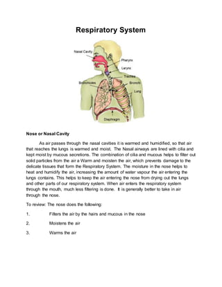 Respiratory System
Nose or Nasal Cavity
As air passes through the nasal cavities it is warmed and humidified, so that air
that reaches the lungs is warmed and moist. The Nasal airways are lined with cilia and
kept moist by mucous secretions. The combination of cilia and mucous helps to filter out
solid particles from the air a Warm and moisten the air, which prevents damage to the
delicate tissues that form the Respiratory System. The moisture in the nose helps to
heat and humidify the air, increasing the amount of water vapour the air entering the
lungs contains. This helps to keep the air entering the nose from drying out the lungs
and other parts of our respiratory system. When air enters the respiratory system
through the mouth, much less filtering is done. It is generally better to take in air
through the nose.
To review: The nose does the following:
1. Filters the air by the hairs and mucous in the nose
2. Moistens the air
3. Warms the air
 