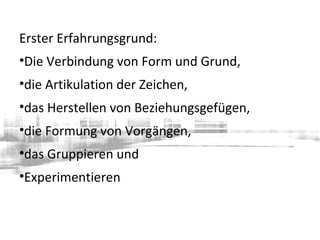 Erster Erfahrungsgrund:
•Die Verbindung von Form und Grund,
•die Artikulation der Zeichen,
•das Herstellen von Beziehungsgefügen,
•die Formung von Vorgängen,
•das Gruppieren und
•Experimentieren
 