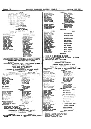 Sábado 1~
l'lIl~
DIARIO DO CONGRESSO NACIONAL: (Seção tl .Julho de 1968 4221
::s!l
COMISSAO DE ECONOMIA
Presl<lente: Adolpnv de Ollvelra - MDB
:l'l'l:VL4ltE!i
REUNlOES
'Turma ..A" - QUIlrtas-feirar l6 la nora;
. Turma. "B" - Qulntas,feira! 11., 10' horas .
, 'Reuniões E'lenàr'as: Quartas-telras, I.s 15 horas _.,80 minutot
Local: Anexo n - Ba.la 18. .
)l~ secretâriO:P~Ulo Rocha - Ramal, 626. -
MDB'._
Ewa.Jdo Pinto._
Jolla Hercu!tOo '
,
IJ09é-Mar~a Magalhlesi.l'
_il'osé Marta Ribetro '
FallJo Maca.rllú-
Dias Macedo
Petronilo Santá Cruz "
RomlUlo Masslgnan
MDB
Aldo ~agundes
Co,I'1lS0 l1a Roem. '
Franco Montor4
José Burnett
MarllUlO Becll:
NeJBon Carnel1'c
Ney Ferreira.
Pauto arossar~
PaUlo CampOS
Pedro Mltrllo
ARENA
Et.Uco RIbeiro
Geraldo Guel1es
Joall ltoma
Jose Melru -
::Lenóll vargas ,
,Munr.enegr<; uuarte
'Rwmundu 13rll< -
RuUem Nogueira
Taoosa ae AlmeIda
VUklSblll'ue ramura
!IDB
ejeto Marques
Henrique Henkln
.Mata-Ma.ctlaao
Pedraso Rortll.
SUPLENTE~ ,
TURMA "B'"
Mae1e1- - Vice-Presidente: ~allre Vleirj]
, MDB. --
.&.RENA ' .
- Abrllhão sabbâ
Alberto Holtmallll
, Alde SllmPalO
Cândido AlVes
CUnllll .Bueno -
IIsrel!1 t'UlneIIL FilhQ'
'Jose-Carlo, Guerra
LUl7 Viana Neto
MoaCIr Silvestre
,Paulo AlJreu
, 14'DJ;
'QlêlltO Marun..,-
Rubem MedUla
SanUJ11 SobrlIÍno
Tar.cretlo Neves
SUPLENTES
Renato _Cel1dOnlo .
Reinaldo Sant'Ann.
SiIJI!lo da Cuntla
. IlEUNIOl!:l!I- .
Turma A - Quartas-feiras lU 10 noras.
. Tumía B - QU1rtaJo·felrasés lU 11or&.&
Local: Anexe fi - Sala,.
Sl!cretârlo - RamaIs 632 - 633
Chagas RodrIgues
Erasmo Pedro -
Petronlo !:"lguelredo
Ulysses Gu1maràes
Wilson Martms
, _ ARENA
Adhemar Ghllll
.Amaral de Souza
Antómó Fenctano
DaVI AlInelaa -
Dnar MllOdes
Ernanl Sátlro
FiaV1llllo RIllelrO
FlaVIo Mace1Jlo
GrtmaJal albel1'o
JoaqUIm' Ramos
Jose-Carl06 Guerrl-
Jose I.dDdoso--
Manoei .1avelra
N!oolau ruma
NogUeira de Rezende-
Norberto 8chmldt '
0801 R$glE "
Pedro Vldlga!
Pires SaIlOla
Vital do R@go I
Walter PassClS
ArrUda CAmara
FrlUlcelinu l?erelrl
Geraldo t1'reire
Jose l:IalV
.LulZ AUla,fl1e
Mansu Cabral _
Muniu Ba.etaró-,
Rallnundu Ulnll!l
Vice~te Augusto_
TURMA "A"
Vice-Presidente: j;'a 11,lQ
ARENA
Aluizio Alves
Americo -de Souza
!"emando Mall'ainllea,
Qebesl~ WlJ,; -
RamUton Mall'atnllel
Jurge IJUVUCal
"uS" MarRa l''lll1o
MauriCio ce Anáradl'
Sussumu Htrata '
8eglsmund? ADl1J'adt
Dom Vieira
JOSP R.ICha •
- Roberto Saturnino .
Unlrio Machado
ARENA
AlUiZto Bezerra
Antônia. Ueno
BatISta Mll'lUlaa
Sento GOnçalves-
Braz Noguell'a
Cardoso de Almeida
I, Ellas Carmo
Ferraz l!:greJa.
Flores-l:Ioares
Hermes IMaoedo
,Humberto Bezerra
010/10 E'an1100
oionas~ t:arlOS
JOSé-CarlOS L.eprevoS!:
J OSIIlB _ Uomes
Mart.1ns JUDiar,
Mendes de Moraes
Osmar Outra
Raymundo de Andrada
. Raym~do E'al1ilha
MDS
Llder
Mârio Covas
vlces-Llàeres
Affo11S(} CalS<
I Alceu de CarvaUlo
iBernardo CallraJ
,Chagas RDdl1gues
I
Cid -Cllrvalho
DavIa Ulrer
Ewaldo Pinto _
!FiguelreaO Correia
:Humberto L.ucena
JaIro HTUm
'Joào Rercunno
I João Menezes _
IJose Carlos Teixeira:
IMáJ'lo PIva -
Ma.'a Macnado
-INelson Carneiro - - ;
i Oswaldo uíma .Fflhll
'PaUlo Campus
Paulo' Macarmi '
Renato cel1l1tlnlo
wnson Martins
:MDa
_Aquilu Dinta
-Naayr El.oSsett1
Ruy Lino
SUPLEN'l'I!:S
ARENA
Manuel Rodrlgue.
- Marc1l10 J..1lJUl -
:Mauricio Andrad.
Milton 6ranclAo .
Paulo Abreu
Rosendo de Sous..
Sinvai Boaventura.'
Sousa santos
:MD~
Lurtz 68.011
Petron1!o sa-" n_••
Sall1 Bogado
";Preslaente - _Jcl'W BUl1l1aclo - ' "
!
il9 Viee-t'resldellw - ACClUly FIlho
119 Vlce-t''l!SlOenr.e - Matneus Scnmldt
ilY l:lecrelllrlO - tienrtqUt ce La RocqU.
19Y l:leCÍ"elIlrIO - MULaI' ReIS
'3" SecretarIO - ArUlao l:arvaUlo
4Y secrerenc - -Ar} AlclUltara
;i1' .:>Uplen'.e - Llicon- Vltaie
2YdUplente - Marlc Ml<IU
SY Suplente - Pareo.l' fTota
4y SUplente -- Das. Colmllra
- L1D~RAllÇAS
uDlm. DA MAIORIA
lbelllUlI Satyro
. LJDER DA MINORIA
--.Mário COVllt
'r
nEUNIOEB
QUlntas-rerras U 10 Doras. /
Local: Anexo fi - Bale 09 12.
Seoretarla: Maria Jose t..eolJons_- Ramal: 621.
r TURMA "A" TURMA -Bit
Vioe-::Pruidente: Renato Cel1dOnJo Vice-Presidente: l' a.nlQ J:liaI:--
, - MDB " . . ARENA
. ,ARENA.
ArnaJC10 Garoez
Cla Rocha
Edgard Mart.1nS 9 _
IEdvaldO Flores.
:Fel'1'BZ EgreJa.
IBeracJio Rego
Pereira Lúcio
Annindo MastrocolIa
Arna.Jdo Cerdelrl<
AurelllUlO Cna ves
Batista M1ranaa
Benecllt<J ~·"l're1ra.
Broca t"tino
Ji'láVio MarcfilO '
LUZ! Braga
ARENA
_ Ltcter
'Ernan! Satyr<.
VIces-Liaere,
Alves Macedo
Amérleo de Souza.
AnlZ saCu'a
AurUlo Valois
Cantldlo l:lampalo
Euclldes rncnês
Flllvlano RIllelro
:F!áVlo Marc1!lo
, Geralao !"relee
Gilberto Azevedo
Haroldo Leon Peres
LUIZ GarCIa
:Ruy santos
,Ult1lJlo de Oarvalhel
MESA
r ÇOMISSflES PERMANENTES, DE iNQUÉRITO
. ESPECIAIS. MISTAS E EXTERNAS
DIRETOR:
. "'oeall Anesg o - l'eletones, Z-riR5!e 5-8233 .... RamaIl!I 601 ••19 ~
., -Comtssões Permanentes -"
CHRFE: GENE XAVIER MARQUES
Local, Aneso U - Ramal: 602
COMISSÃO DE AQRICULTURA E POLITICA RuRAt,
Presidente: Ulas -Menezu - MOa
TITULAltEli .
COMISSAO DE CONSTITUiÇÃO E JUSTiÇA
.t>resldente: DJllJma Mar1nl1o - ARENA .
'ElTULARE8 .
TURMA "A" TURMA "B'~
Yice-Presidentll Lauro Le1llLo - Vice-Presidente: Celesttilo' P1Ihc) ~
ARENA I :MDB
Antol11o ueno
Braz Nogueira
CardOSO ae lluneltla
JoAo PaUJUlv
LuiZ de l:'aula
Nunes Freire
Vasco Amaro
Vago
Jooe Mandelt
PaUlo _campos
AnaClleto campaneUa
- Breno .:la Silveira '
Emerenclano de Barrol
3iJwal<la Pinto
 