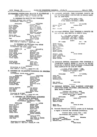 AIDB
Raul Brun1n1
6) (;(:)IVj,,,bAO ESPECIAL PARA APRECIAR O PROJETO DE
Lé.1 ~.111·ÓÓ. QUE INSTITUI O CODIGO CIVIl.
8) COMISSAO ESPECIAL PARA ELABORAR lEOISlAÇAO
ESPECIFICA SõBRE TELEV1S~O (INCLUINDO-SE, TAM.
BÉM. RADIO E. JORNAL)
Jult.o de 1968
Slll"" "'.lES
de Mtmeze,
SI; "LMI'fES
Arnaldo Prl~to
~·I~tJENfrE8..,.
Osslan AJ'arJpt
SUPLEN!1'Ell
Teó!llo E'lres
Feu a.oa
MDB
Diroeu Cardoso
MOh
DorlvaI de Abreu
J!i'..DB
MDB
Altair Lima
Tl~ q ,,ftEi!
Bernarm, vlluraJ
l:llagaS tioClrlgues
Paare p.ntunJL Vlelrl
PaUlO I:lrussard
Nelson t.:arnelro
Arruda L'a'lJdI'a
AUIULH- l' l-'J!cluno
Uusta vu lapllll~ma
Josp L.llnall~, '
MlLlIS' "_ aorar '''''--..-
Etrp..i- banO,H
VlcPO t<' A 'J~ usto
Ruopm lIloj!uelre
Mário Plva
Wilson Martins
TITULAREI!
Albino Zenl
Ju venero iJlas
Justlno Pereira
RaymUndO Brito

RaUl BrUllUlJ
Ja.nduhy Ctlrnetr4
TITULARES
Pires SllbOlIl
Cardoso de MenezS$
Moun F'emandea
AmaraJ de Souza
Tl'lllL_••a,;s
Atlnha! .lllir'l.a
Isra- ·'u..-}
T1Tl1LAsEs
GeraldO Guedes - Relator
Leon Peres - Relator-SubstltuLo
Hamilton E'raoo,
Fruo ". NJIJlHUrO
1>reslnente: t/.II,UI Srunlnl - MDB
VL:e-Presldente: Urlmaldl Ribeiro - ARENÁ
Relatar: NlcCllau l'Ulna - ARENA
ARENA
r 11lhIUell{'~ ...mara: t'eUlOU: - MDF.
lilte·Pres'den'f; J"eJ SilveIra - MiJB
flrjator. MaCDlKC l-(JJuemoerg - ARENA
Ah"';:A
t'J e-rnente: Clllll1alc ::lampalo - MUB
VICe-Presidente: DI1SO c.:olmlJra - AREJIIA.
Relator: A'dl' PSlllundes - MDl:I
ARE.[,/A
7) COMISSAO ESPECIAL. DESIGNADA PARA EXAMINAR A
LEGISLAÇAO VIOENTI: .SOBRE O IRAl-II,;O DI: ENTOR.
PECENl es E PROPoR NOVAS MEDIDAS LFUI~LATIVAS
PARA COMPlE1AR AS LEIS EM VIGOR
/;'. ~,jJLe: UI:;SSl" uUlma"lles - MU.!;
Vlc",,'·preSlaeote: U!I11 tiegLS - AHl!:NA
liemtol'-Upra. JOlé Melro - AHl!:NIl
RevISOI-UeraJ; APC101,V Filho - ARENA
A1il!;1lA
li, <...ulVllbbAO H:1I'ECIAL PARAELAl:!OHAR PHOJETO DE
lEI RErQRMULANDO A ES1AUIURA DO BANCO NACIO
NAl DE HABIlI1.ÇAO·
~) Comissão Especial para elaborar projeto de, lei dO'iltinadg
a regular o exerclcio das atividades jornalísticas
Prmdente: Era.smc MartJns pedro - MDB
Vice-Presidente: JQlla SteUlbrUc11 .MOB
ARENA
DIARIO DO CONGRESSO NACIONAL n::é'jão I)
TITULAIlES
" "" - _,ENTES
AlUIemar Gh1S1
AntonIo üeno
Arlmao Kunsler
Carneiro LOYOIS
GarcIa Neta
~OeSlo LJDS
,Jorge Cury
• Norberto 8chmldt
Romano Masslgna.
MDB
Uaruso lia Rocha
Jose Rlclla J
LIgia Doutel de Àndrlla,
Unlrlo Machado
REUNIOl!:ll
TêrcSS-fe1tu às 14 horas e 30 l!llnut08.
Local: Aneso n - Bala S-B -' Ramals~G07 e 60S.
SUPLENTI'S
AlUIZIO arves ~
Jose MeIra
Maga!ttae. Melo
llalmunoL Hrlto
a"natL Rlbel10
Bl!glsmundL Andrade
Odurto Dommgues
Vtngl Elu."Udo
WaHpt Passos
MPB
Alvaro LlIlS
BIVar Onnino
Mimo E'1~'s
I Tnares Elamnlhl
REUNIõES
Quartas-felrllS. 1s 16 bOias.
Local: Anexo D - Sala S-A - Ramars 605 e 60tL
SVPU~NTES
Armando Corrê«
GarcIa lIleto ,
JoaqUIm Uoroelro
Jose Marào f'llho
Leopoioo -Peres
1'lunés Leal
Wsnderley nantas
Vago
Vago
MDB
Joao Menezes
Joel Ferreira
Maria LUcia
Renato Archer
REUNlOES
Têrças-felras.- /ia 18 horlUl~
LocnJ: Anexe n - Sale &-& - RamlUs 605 e 60G.
S lJPl.l';Nl'ES
r·...Ln"~lInL I-'-relra -
~ li«rnc til tiegl
Jusp-, anos liuerra
,Muuo., OI; AJmeJeS
,Muuncll a. Anarade
(Jseu, Uaf<10SU
Passos Por.(. ,
SeglsmUnJc AndrUde
_ Oduil<' LJommgues
MDll I
AIHOUIL M~galhae.t
Joa~ Borges
Joal! Llrs I"llho
H-nato Azere<to
RElJNJOElo
Qulntas-felrss às 15 noras e 30 minutos. '
Local: An~" D - Sala S-8· <-Lamals ,$07 e 60S.
2) COMISSAO DO POLlGONO DAS S~CAS
PresIdente: !i'rancellno l'e.r~'lrs 'AHl!:NA'
Vloe-presldente: JOSé Carlo~ f'ell~Plrll tMD8)
AHE.NA
AntOnIo Anlbelll
An tOnlo Bresolln
Dom Vieira
'nTVLARES
ALIas cantannece
Benedito Ferreira
EnrOla0 VeJOSo
J anary I'lunes
Jose 8steves
Montenegro Duarto
Rnchld Mamede
Raimundo aogéa
FeJlcJano Figueiredo
Hélio Gueiros
José li'rette
Mário Mala
An tonío Neves
Cleto Marques
PetrOnJo Figueiredo
Vago
TITULARES
Amara.l de ::lOuza~- -
EmUlo Gomes
Henlo RomallnoW
LlIurc Leítao
Lenoír Vargas
Lyrlo BertalJ1
Osmar Dutra.
We1Illar 'rOrra
T['J'ULA .ES
AlulZlo Bezerra I
Arnaldo Garcez
Aunno VaJors
Edg'l1 Maruns Pereira
Ernesto Valente
JoSl!lS Gomes -
Ney Marannao
Vicente "'ugusto
Aqlll.e.l; DUllz
José Carlos relxelra
1) COMISSAO DA BACIA DO SAO FRANCISCO
preSIdente: MlJvernes L.lma (Atl.I!:NP.·
VIce-Presidente; e:dgurd f'~lell'p 'MiJBI
Atl.l!:.NA
Arruda Câmara
Hem" UOll~lUves
Varlos AJUerto
HeHo GarcIa
JuSlU, Lell,e
Medeiros Netto
Oseal Cardoso
Paulo Freire
4} COMISSAO DE VALORIZAÇAO ECONôMICA
DA FRONTEIRA SUDOESTE
Presrdente: FION!' §Patl!$ - AREN A
Vice-Presidente: Aldo Fagundes - MDB
AftENA
C()~;11SSõB:'-; BSI'BCIAIS. lla~ r,s E ~~XTEl{NAS
• CUI!:FI!., JtJs~' llAIIIA '''j.lI~ I A1111 VIANNA
Local: Anexo 11 - l>ala II - t:am,"s, ll(t~ e 6114
3) COMISSAO DE VALORIZAQAO ECONÔMICA DA AMAZôNIA
PresIdente>
VIce-Presidente: AbrahâD SaDoé lARENA)
ARENA
4226 Sábado 13
e
 