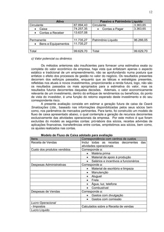 12

                 Ativo                              Passivo e Patrimônio Líquido
Circulante                        87.894,43   Circulante                   3.363,65
    • Caixa                       74.257,35       • Contas a Pagar         3.363,65
    • Contas a Receber            13.637,08

Permanente                        11.735,27   Patrimônio Líquido            96.266,05
   • Bens e Equipamentos          11.735,27

Total                             99.629,70   Total                         99.629,70

 c) Valor potencial ou dinâmico

         Os métodos anteriores são insuficientes para fornecer uma estimativa exata ou
 completa do valor econômico da empresa, haja vista que enfatizam apenas o aspecto
 estático e tradicional de um empreendimento, não se aprofundando numa postura que
 enfatize o efeito dos processos de gestão no valor do negócio. Os resultados presentes
 decorrem dos esforços passados, enquanto que as táticas e estratégias presentes,
 refletidas nos atuais e novos investimentos, proporcionarão a renda futura, logo, não são
 os resultados passados os mais apropriados para a estimativa do valor, mas os
 resultados futuros decorrentes daquelas decisões. Ademais, o valor economicamente
 relevante de um investimento, dentro do enfoque de rendimentos ou benefícios, do ponto
 de vista do investidor, é uma função do retorno esperado deste investimento e do seu
 correspondente risco.
         A presente avaliação consiste em estimar a geração futura de caixa da Ceará
 Sinalizações Ltda., baseado nas informações disponibilizadas pelos seus sócios bem
 como, nos parâmetros de mercados pertinentes. Para tanto, foi construído um modelo de
 fluxo de caixa apresentado abaixo, o qual contempla a geração de recursos decorrentes
 exclusivamente das atividades operacionais da empresa. Por este motivo é que foram
 excluídas do modelo as seguintes contas: pró-labore dos sócios, receitas advindas de
 aplicações financeiras, transferências entre contas, empréstimos aos sócios, bem como,
 os ajustes realizados nas contas.

        Modelo de Fluxo de Caixa adotado para avaliação
 Itens                             Correspondência com centros de custos
 Receita de Vendas                 Inclui todas as receitas decorrentes das
                                   atividades operacionais
 Custo dos produtos vendidos       Corresponde a:
                                       • Matéria prima
                                       • Material de apoio à produção
                                       • Salários e incentivos a funcionários
 Despesas Administrativas          Corresponde a:
                                       • Material de escritório e limpeza
                                       • Manutenção
                                       • Aluguel
                                       • Frete
                                       • Água, luz, telefone
                                       • Combustível
 Despesas de Vendas                Corresponde a:
                                       • Gastos com divulgação
                                       • Gastos com comissão
 Lucro Operacional
 - Impostos                        Calculados sobre a Receita de vendas
 Lucro Líquido
 