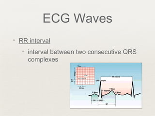 ECG Waves
✦ RR interval
✦ interval between two consecutive QRS
complexes
 