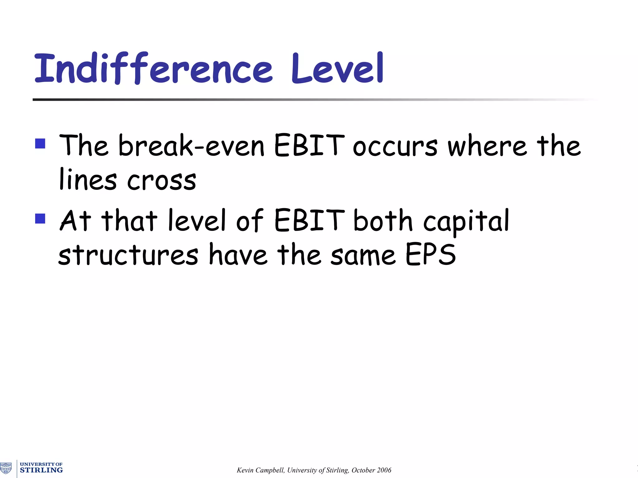 Indifference Level The break-even EBIT o ccurs where the lines cross At  that level of EBIT both capital structures have the same  EPS 