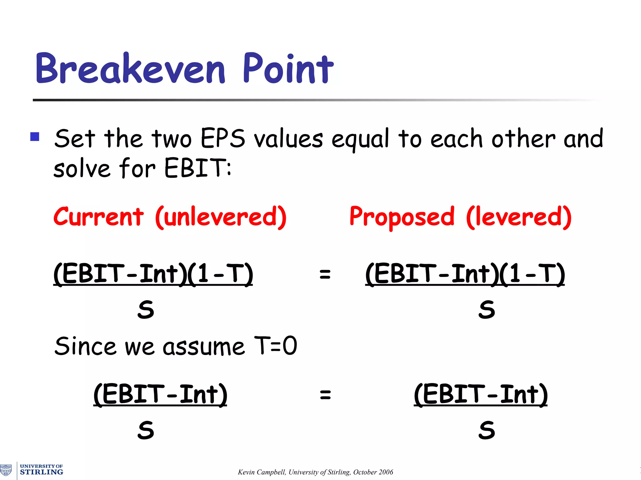 Set  the two  EPS  values  equal to each other and solve for EBIT: Current (unlevered) Proposed (levered) (EBIT-I nt )(1- T )   =  (EBIT-I nt )(1- T ) S  S Since we assume T=0 (EBIT-I nt )     =  (EBIT-I nt ) S  S Breakeven Point 