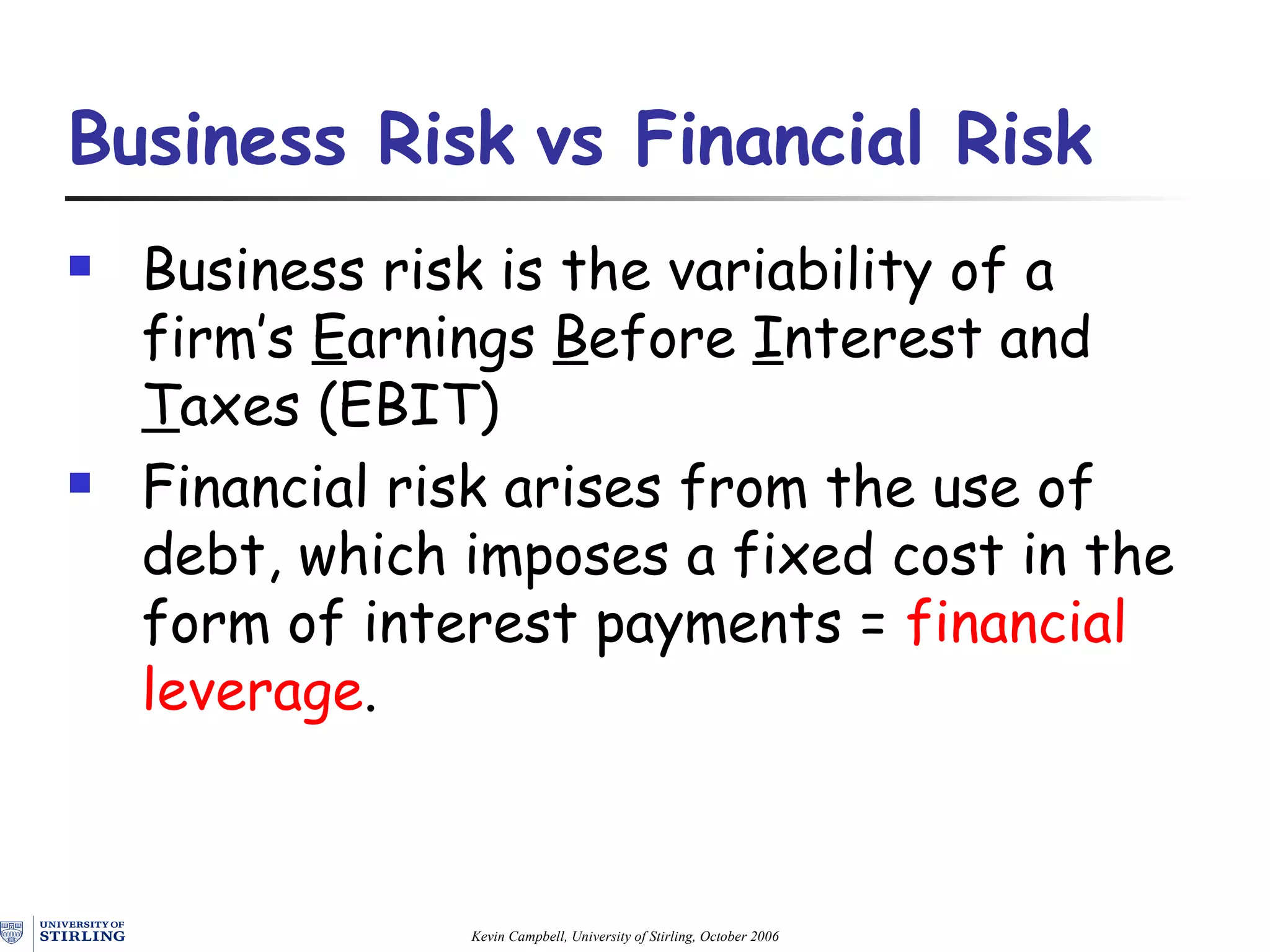 Business Risk   vs Financial Risk Business risk  is the  variability of a firm’s  E arnings  B efore  I nterest and  T axes ( EBIT ) Financial risk arises from the use of d ebt , which imposes a  fixed cost in the form of interest payments  =   financial leverage . 