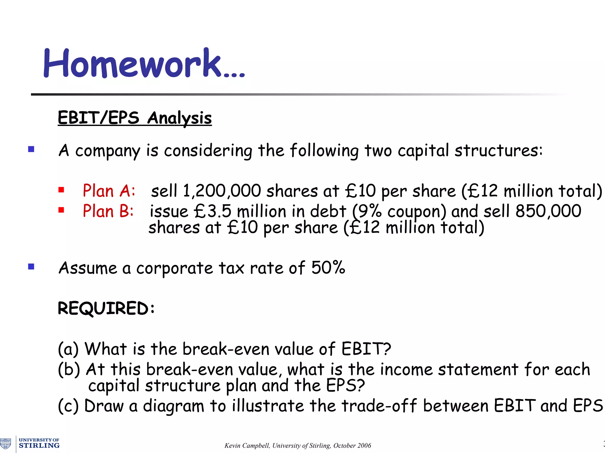 Homework… EBIT/EPS Analysis A company is considering the following two capital structures: Plan A:   sell 1,200,000 shares at £10 per share  ( £ 12 million total)   Plan B:   issue £3.5 million in debt  ( 9%  coupon)  and sell 850,000  shares at   £10 per   share  ( £ 12 million total)   Assume a corporate tax rate of 50% REQUIRED: (a) What is the break-even value of EBIT? (b) At this break-even value, what is the income statement for each  capital structure plan and the EPS? (c) Draw a diagram to illustrate the trade-off between EBIT and EPS 