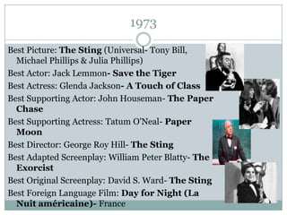 1973<br />Best Picture: The Sting (Universal- Tony Bill, Michael Phillips & Julia Phillips)<br />Best Actor: Jack Lemmon- ...