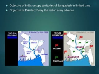  Objective of India: occupy territories of Bangladesh in limited time
 Objective of Pakistan: Delay the Indian army advance
 