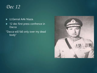 Dec 12
 Lt.Genral AAk Niaza.
 12 dec first press confrence in
Dacca
“Dacca will fall only over my dead
body”
 