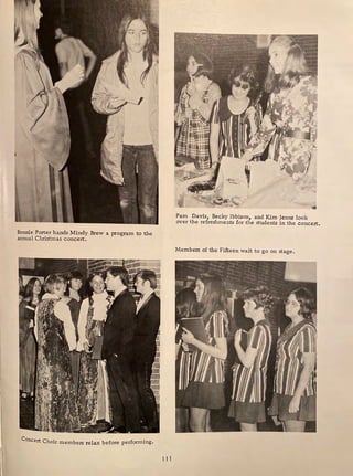 Bonnie Porter hands Mindy Brew a program to the
annual Christmas concert.
Concert Choir members relax before performing.
l l 1
Pam Davis, Becky Ibbison, and Kim Jenns look
over the refreshments for the students in the concert.
Members of the Fifteen wait to go on stage.
. ·~- : - . .
--. -~ '. . .. . ::
. . • • • l - ,,, . ' • .
. . '..;.,.:_ ,._ :::·. : : ::: ... .
-. . . ~'Ir~, r~f'~ .
•r . '',:;z,·,,..;.., :.: ---· . ' .
. - ~ :.
r••~t. ·I
. . I
.- .
f
,
·
. ,.. I
.. m .
. ... . ·. I
J t
. . .
' .
.,. ,.,
' . " ...la;
'-. • i: C .,;.• , . {;.a
·, . ,, . •. ., '-•
 