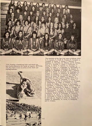 I TOP: Wearing a traditional halo and black eye,
Barb Burris represents the Saints as mascot. BOTTOM:
The Pep Club is seen in action at the Sixth and
Kipling stadium,
~~~~-.. j
-:~.;.;./..,,.,
"" ;,i
.., ,
~,. ;._....,_:~
~.: . "'.c
,,. ·,.,··•.
, ,
The members of the Pep Club were as follows: ROW
1: C. Lunnon, S. Graff, B. Franzen, K. Leonard, J.
Crandell, B. Burris, J. Moran, J. Gravina, P.
Erickson, T, Muender, M. Bubeck, and K. Zellitti,
ROW 2: L. Romola, J. Myers, J. DiRocchi, G.
Wuetig, C, Ervin, T. Patrick, R. Wachter, L.
White, H. Hafer, C. Clippinger, P. McDonald, C.
Cribari, C. Jerman, J. Hettinger, K. Buzick, K.
Mallory, L. Magruder, P. Bisant, and L. Johnson.
ROW 3: G, Ebner, K. Marshall, M. Boatright K.
I l
0 Hara, V. Supan, G. Seastone, P. Bellamy, C.
Gilbert, N. Bradbury, T. Leonard, K. Gord, D.
Farrow, R. Jones, K. Nielsen, D. Bubeck, B.
Harmelink, P. Tell, and D. Sullins, ROW 4: R.
Popiel, R. Fischer, D. Gaeddert, S, Dorsey, S,
Scheidler, K. Wardle, D. Gieselman, C. Eckhardt,
L. Sidebottom, A. Parry, D. Walker, R. Cole,
P. Smith, D. Miller, R. Mason, J. McCloskey
J. Famularo, L. Williams, and R. Molloy, ROW 5:
A. "".'right, ~- Kadnuck, D. Bruse, J. Younger, K.
DontJe, J. Kir?y, K. Kirk, J. Carson, L. Sullins,
E. Papantonak1s, K. Kuntz, C. Couch, L. Maris,
C, Haberkorn, C. Gallegos, D. Goodhead, and J.
Gunderson, ROW 6: M. Neiberger, B. Sandoval,
S. Kadnuck, Z. Maier, D, Toscano, D. Einspahr,
D. McDonald, P, Davis, B. Reeves, M. Tapler,
P. Decock, D. Magers, S. Hafer, K. Kinnie, C.
McKee, D. Eilenstine, R. Lewis, P. Pfalzgraf£,
and D, Clossen.
 