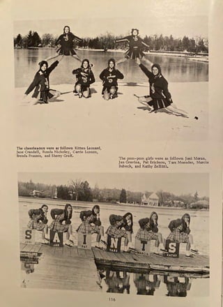 The cheerleaders were as follows: Kitten Leonard,
Jane Crandell, Ronda Nickoley, Carrie Lunnon,
Brenda Franzen, and Sherry Graff,
- .
~ '
' .
116
The pom-pom girls were as follows: Joni Moran,_
Jan Gravina, Pat Erickson, Tarz Muender, Marcia
Bubeck, and Kathy Zellitti,
 