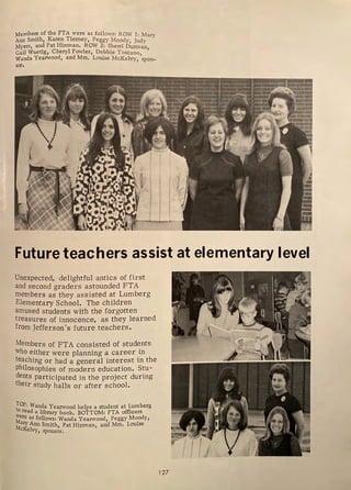 Members of the FTA were as follows: ROW 1: Mary
Ann Smith, Kare~ Tierney, Peggy Moody, Judy
Myers, and Pat Hmman. ROW 2: Sherri Durman
Gail Wuetig, Cheryl Fowler, Debbie Toscano '
Wanda Yearwood, and Mrs. Louise McKelvy, 'spon-
sor,
I
i
.
Future teachers assist at elementary level
Unexpected, delightful antics of first
and second graders astounded FTA
members as they assisted at Lumberg
Elementary School. The children
amused students with the forgotten
treasures of innocence, as they learned
from Jefferson's future teachers.
Members of FTA consisted of students
who either were planning a career in
te~ching or had a general interest in the
Philosophies of modern education. Stu-
dents participated in the project during
their study halls or after school.
"[OP: Wanda Yearwood helps a student at Lumberg
: read a library book. BOTTOM: FTA officers
Mere as follows: Wanda Yearwood, Peggy Moody,
Mary Ann Smith, Pat Hinman, and Mrs. Louise
cKelvy, sponsor.
127
 